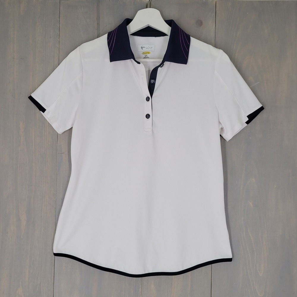 Greg Norman Polo Shirt Womens Small White Navy Blue Play Dry Short Sleeve Golf